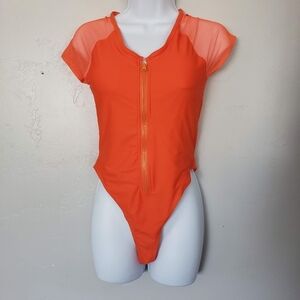 NWOT Bright Orange Short Sleeve One Piece Swim Suit Cheeky Medium Mesh Zipper